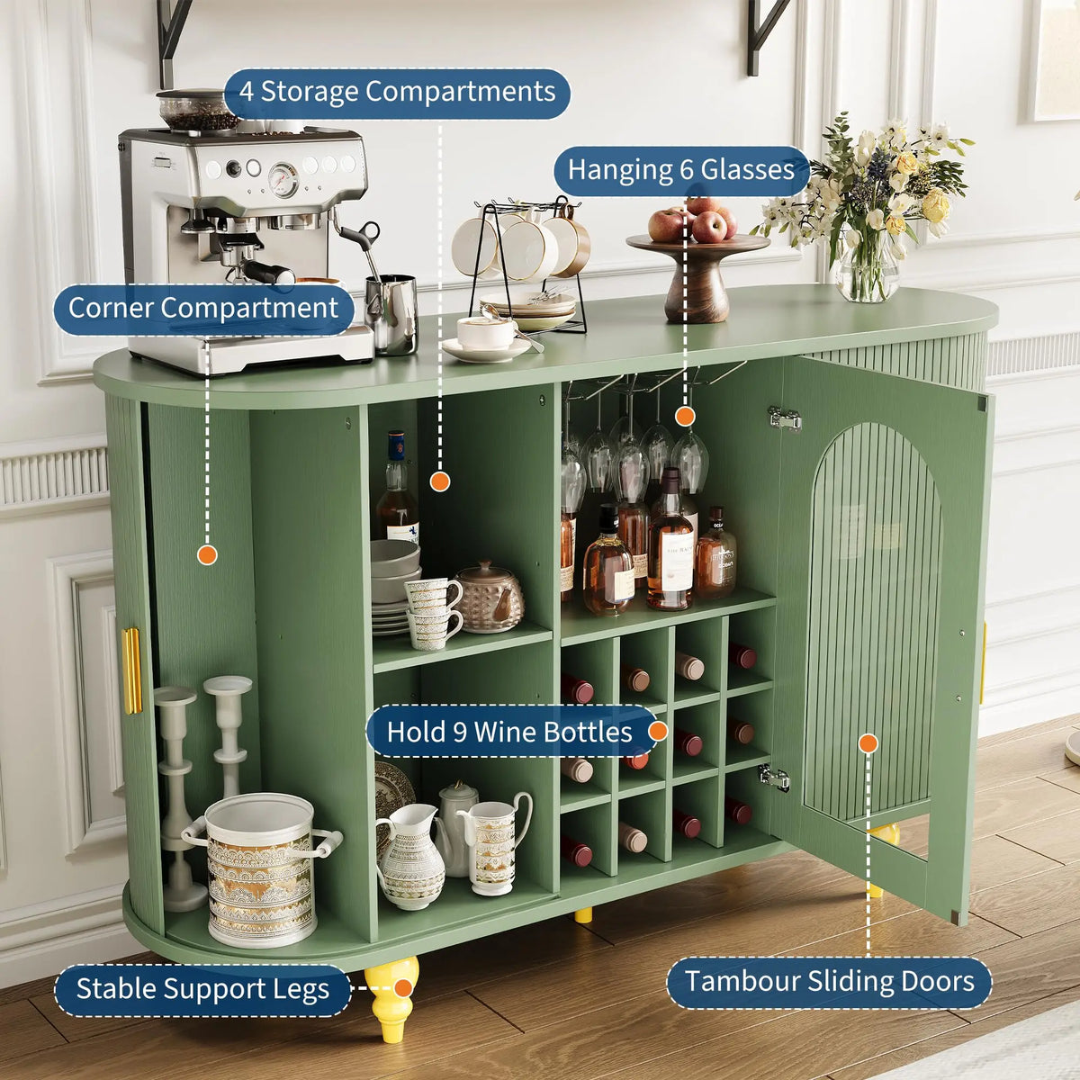 HiMISS Modern Wood Buffet Sideboard With Wine Rack Glass Storage