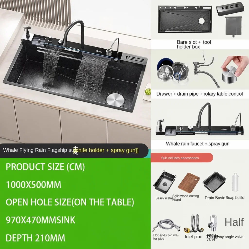 Nianronghua Stainless Steel Kitchen Sink With Digital Display Waterfall Faucet