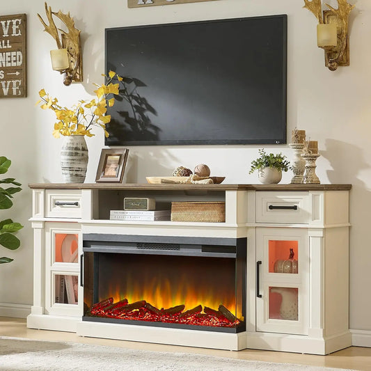 3-Side LED TV Stand Electric Fireplace Farmhouse Console