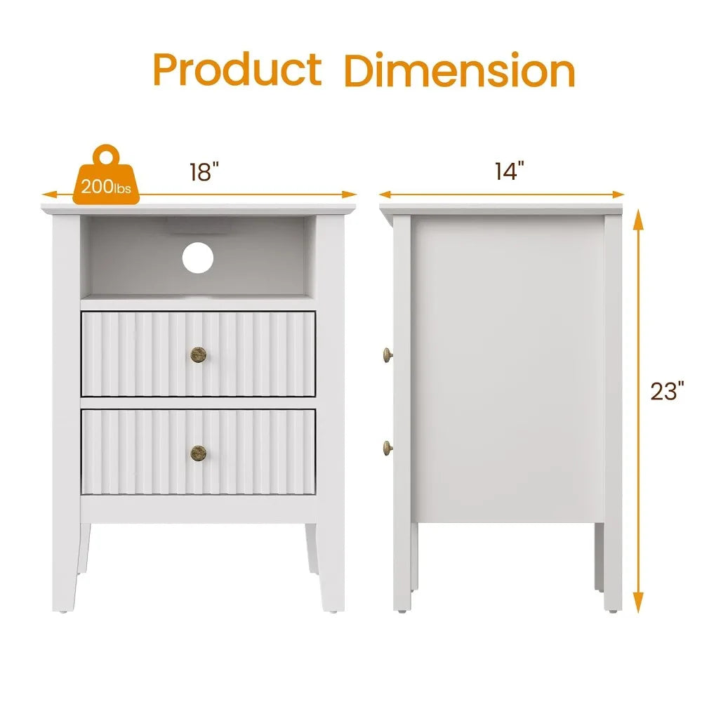 Contemporary Fluted Nightstand Set With Charging Station And Storage Shelf