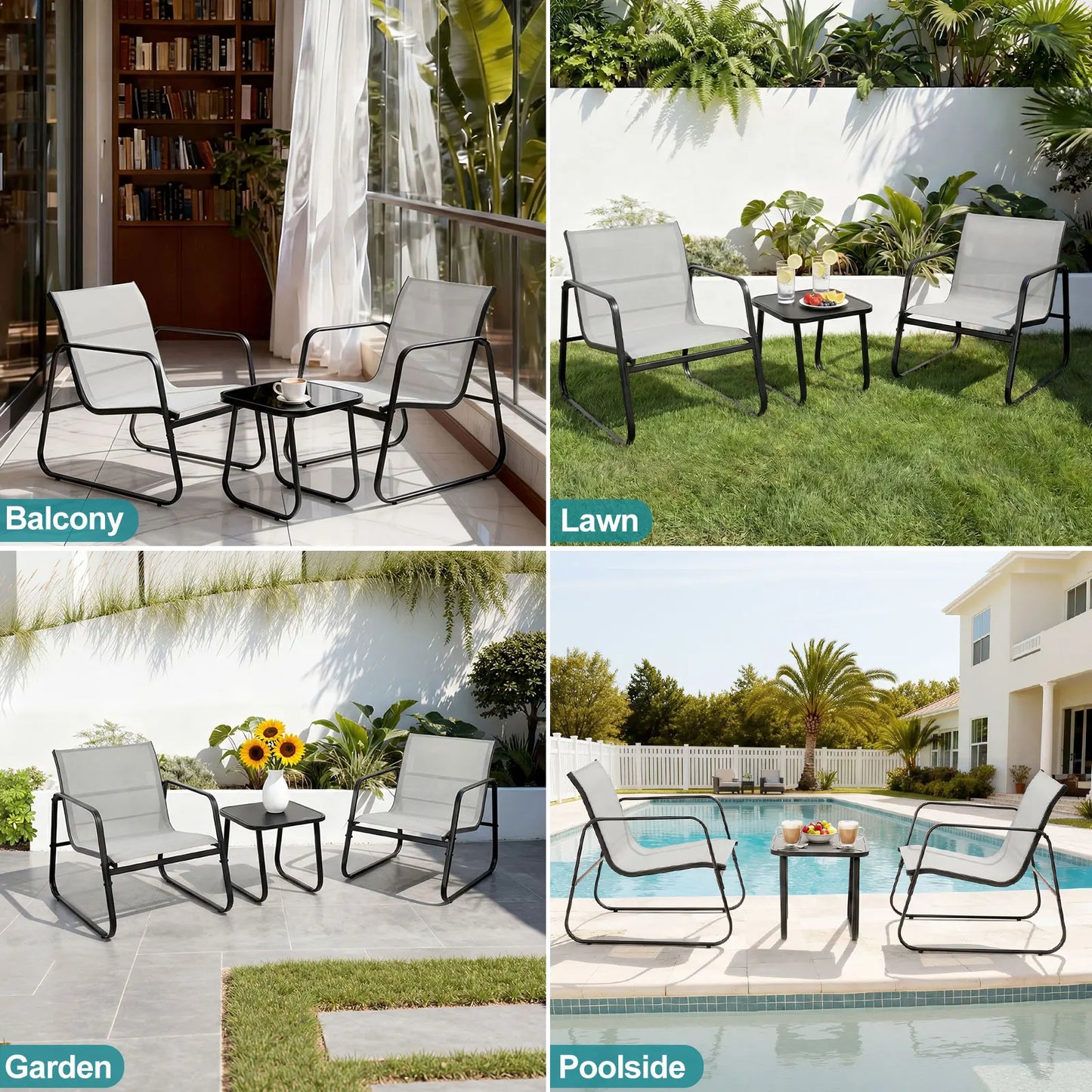 JHK Outdoor 3-Piece Patio Set With Table Metal Frame