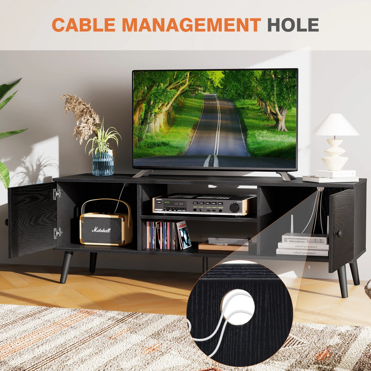 JHK Modern Wooden TV Stand With Adjustable Shelf Storage Console