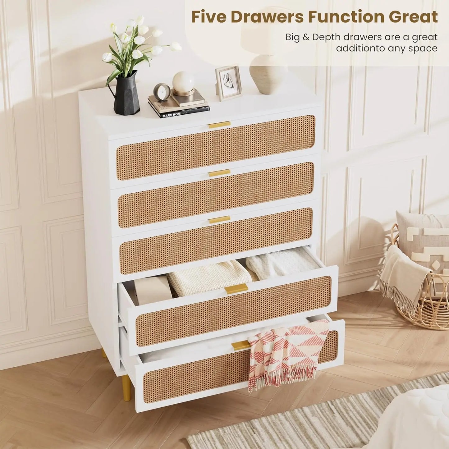 Natural Rattan Woven Five Drawer Wooden Bedroom Dresser