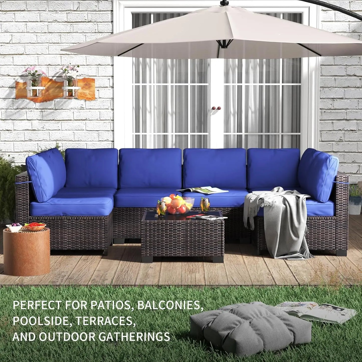 HobbyLane Seven Piece Modular Outdoor Furniture With Rattan Wicker Sofa