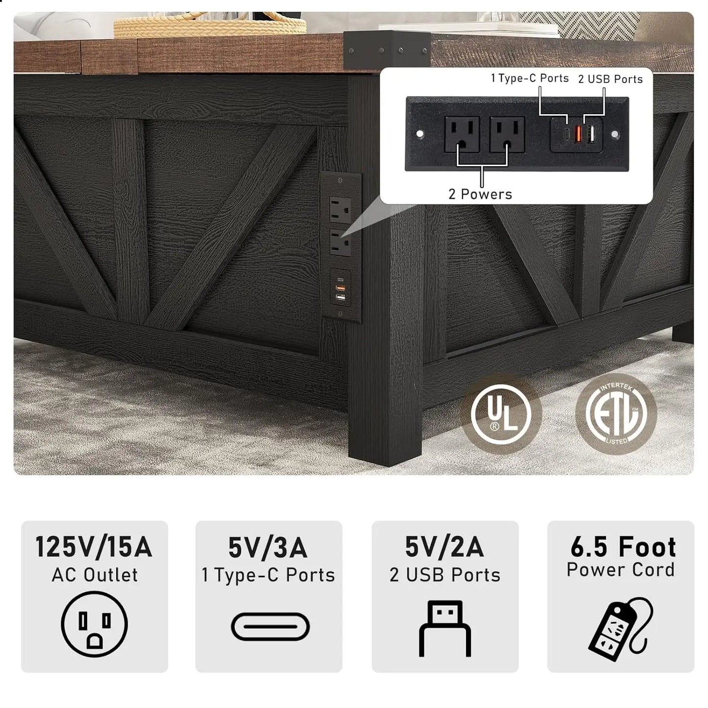 HUANZHUANG Wood Square Coffee Table With Storage And Charging Station