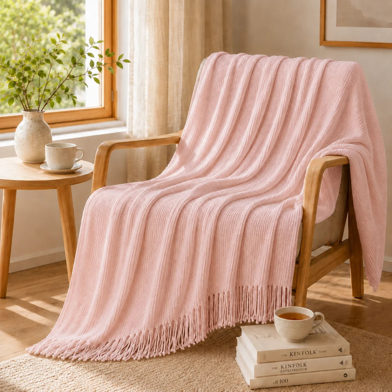 Textured Bobble Diamond Knit Throw Blanket Featuring Tassel Fringe