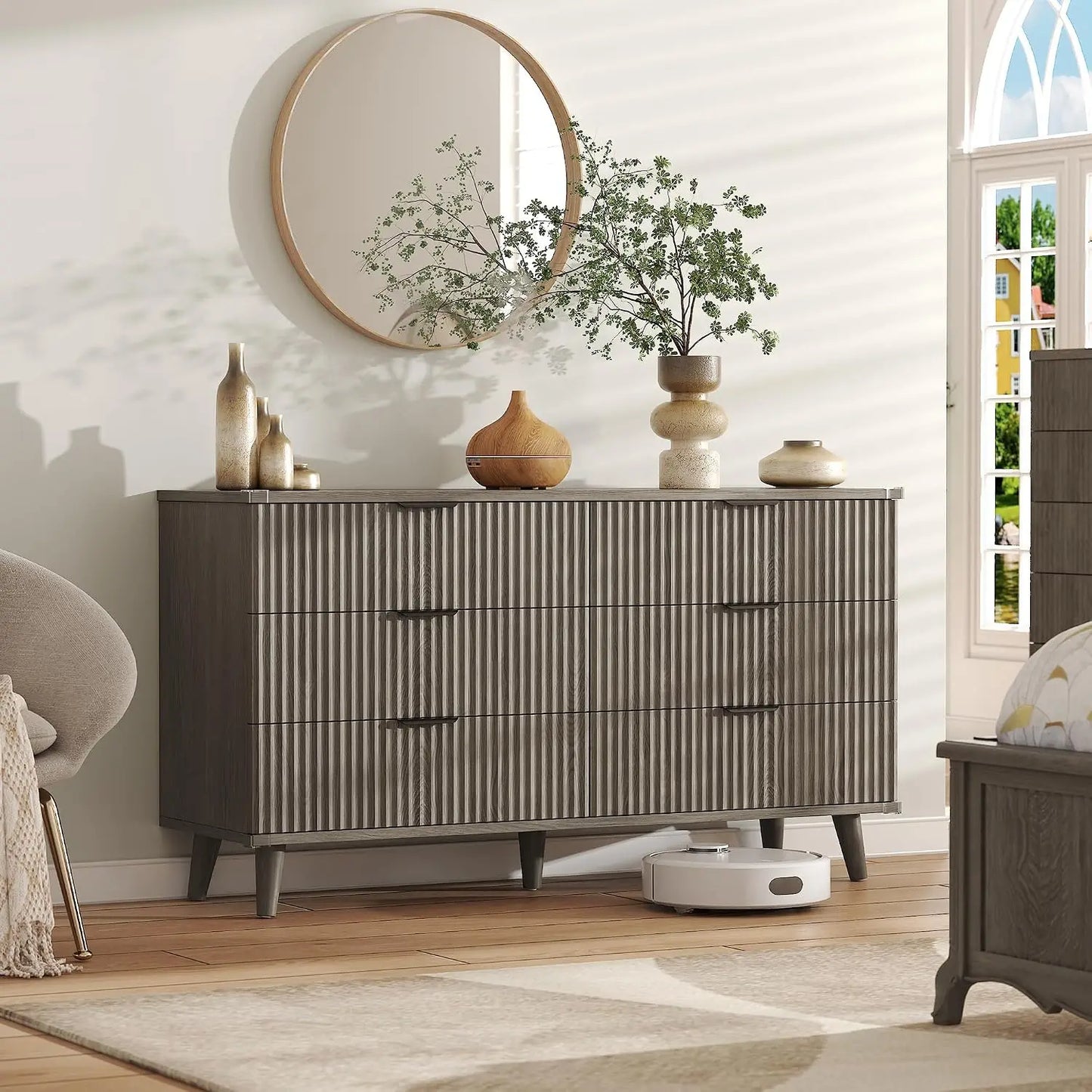 Wood Dresser for Bedroom Fluted Modern Chest of Drawers 6 Drawers