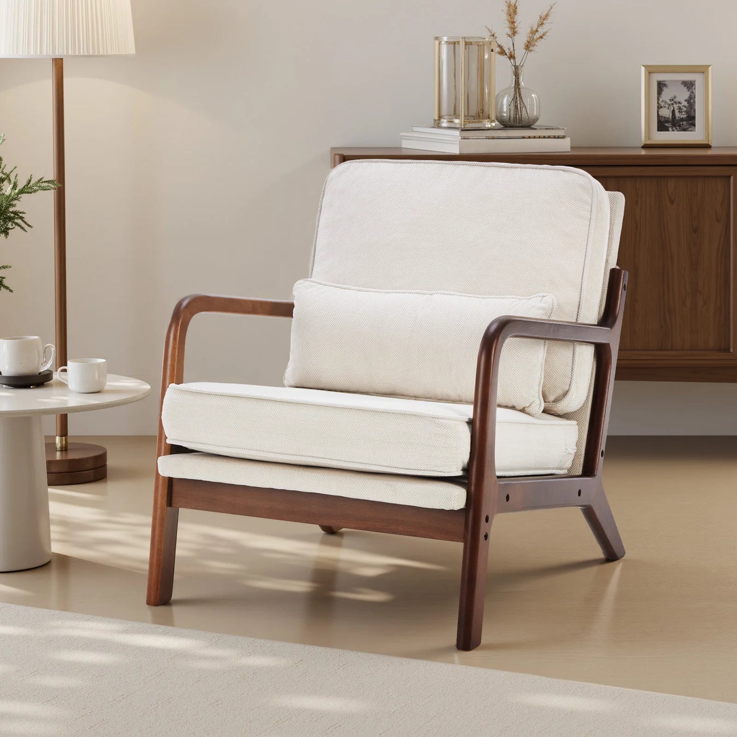 JHK Mid Century Modern Wooden Accent Chair With Comfort Cushion