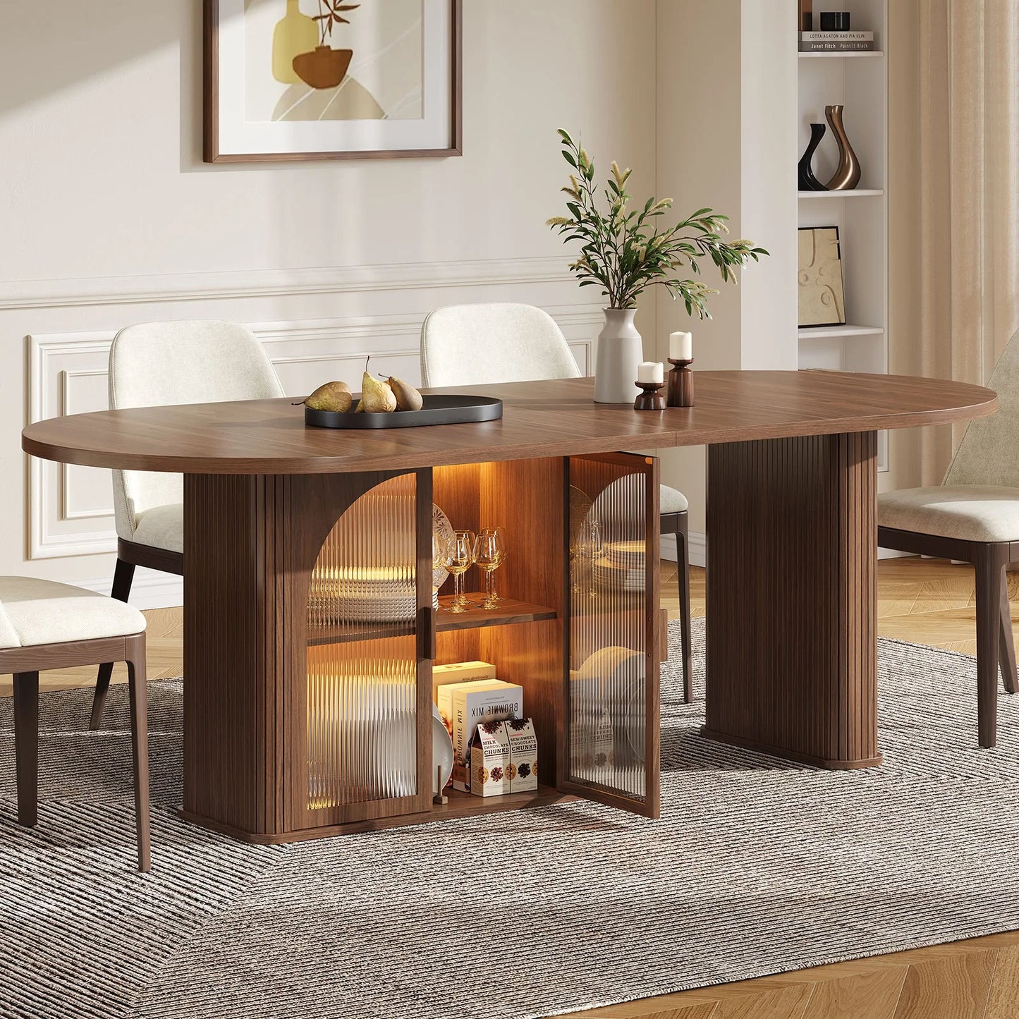 Onbrill Modern Oval Wood Dining Table With Led Lighting