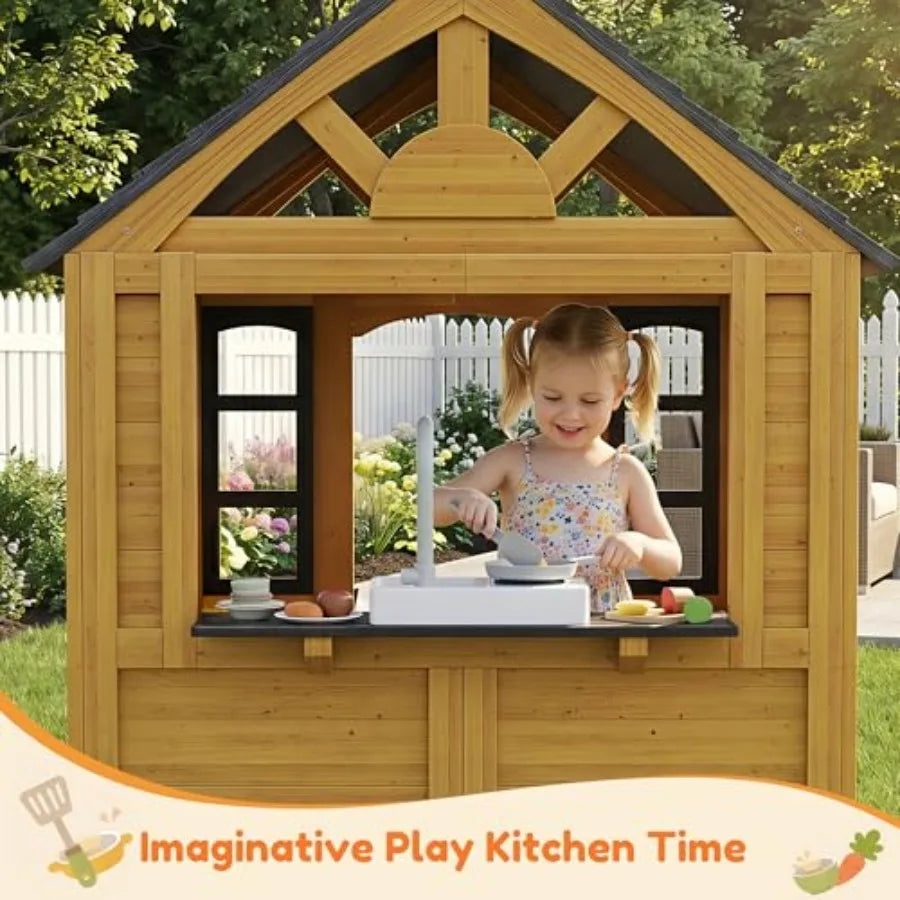 MDNG Outdoor Wooden Toddler Playhouse With Kitchen And Snack Bar