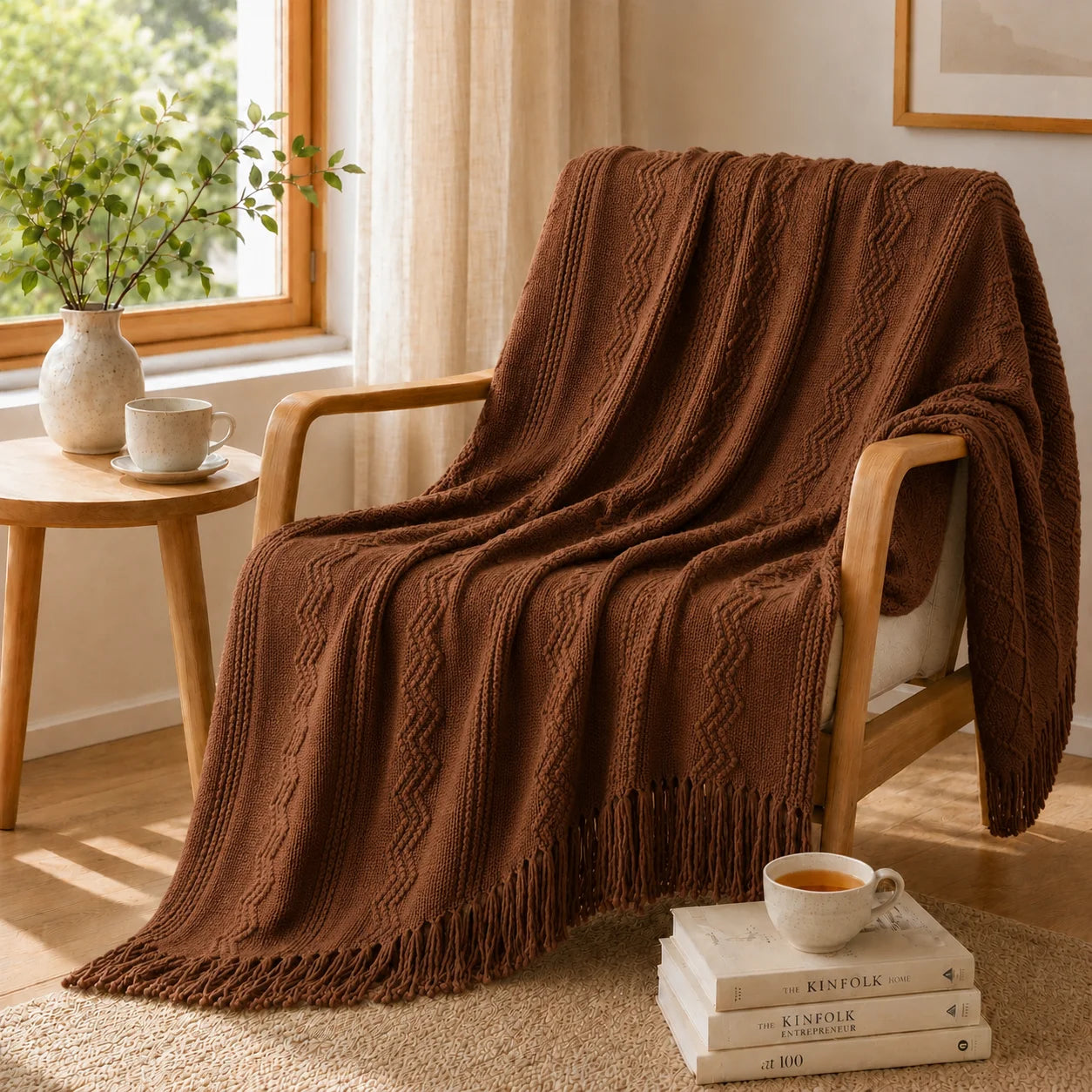 Textured Bobble Diamond Knit Throw Blanket Featuring Tassel Fringe