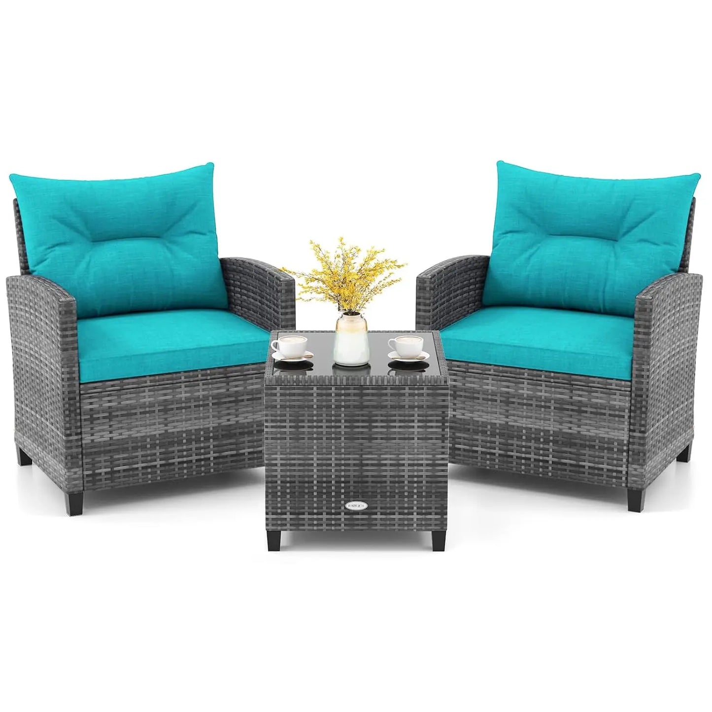 Three Piece Outdoor PE Rattan Patio Set With Glass Tabletop
