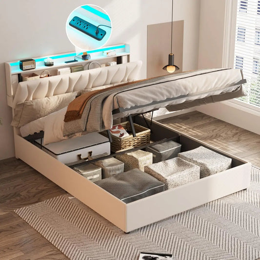 Storage Bed Frame With Adjustable Headboard LED Lights And Charging