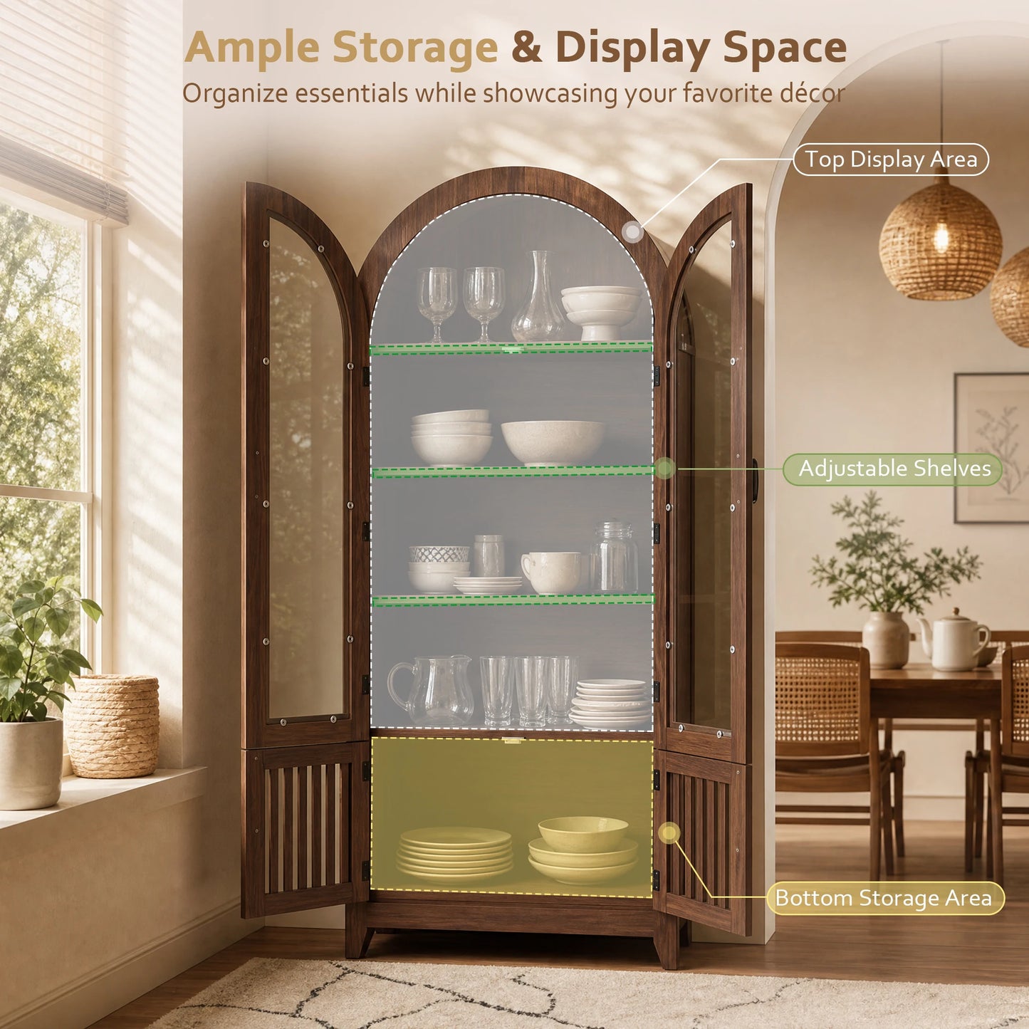 TCGBKAF Modern Farmhouse Arched Display Cabinet With Adjustable Wooden Shelves