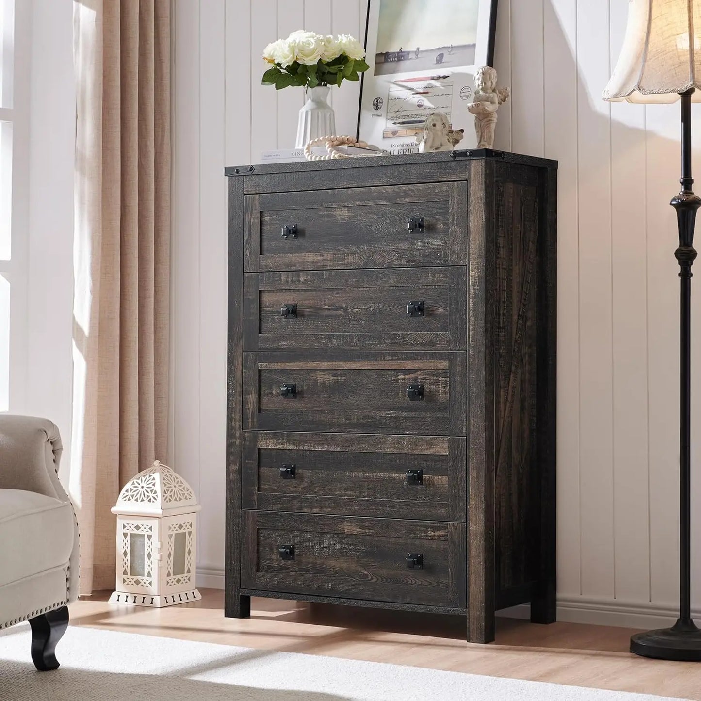 Farmhouse 5 Drawer Dresser In Rustic Wood For Bedroom