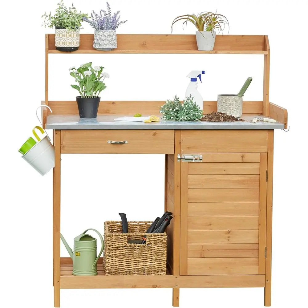 Premium Wooden Outdoor Potting Bench With Metal Top And Cabinets