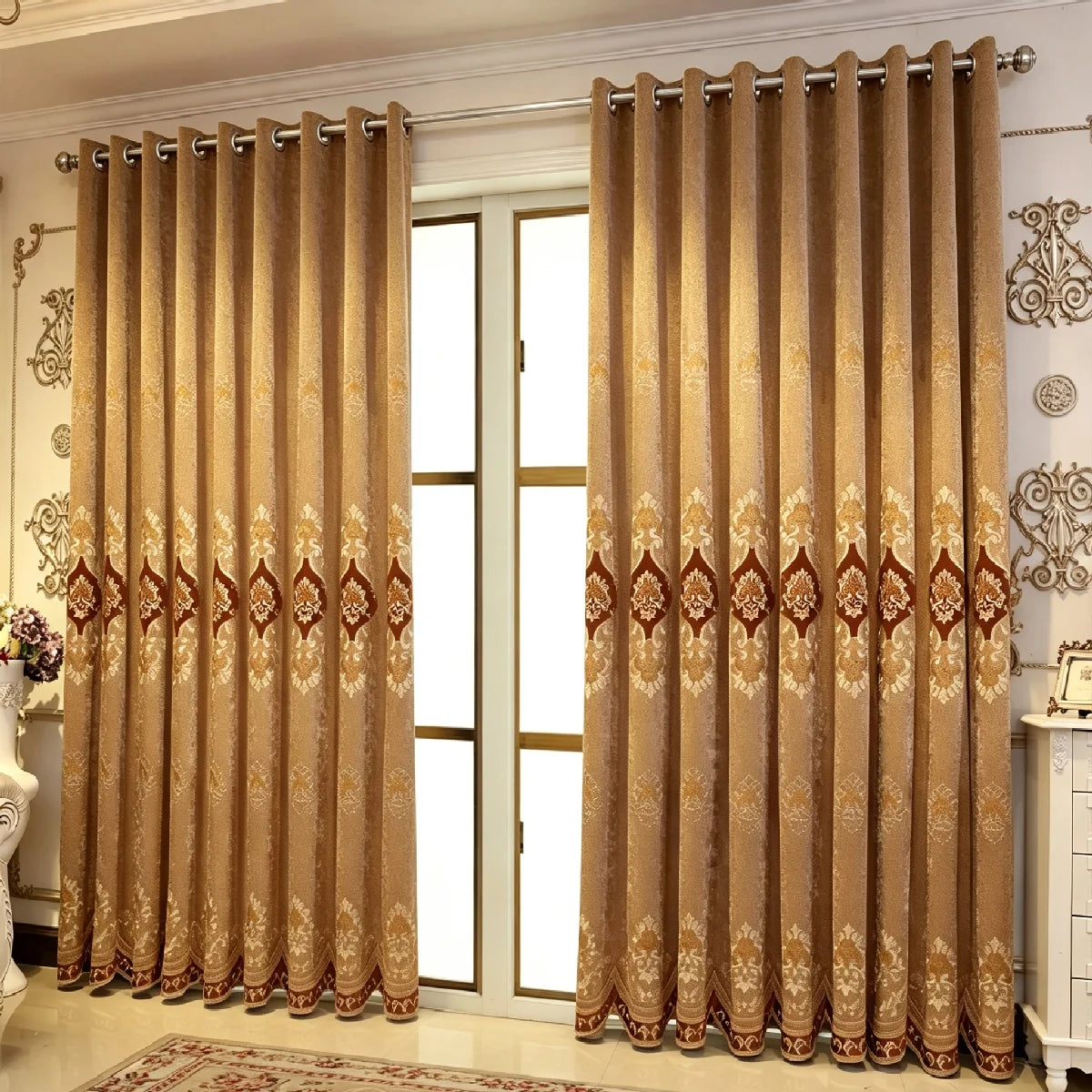 Floral Embroidered Chenille Grommet Top Light Blocking Curtains