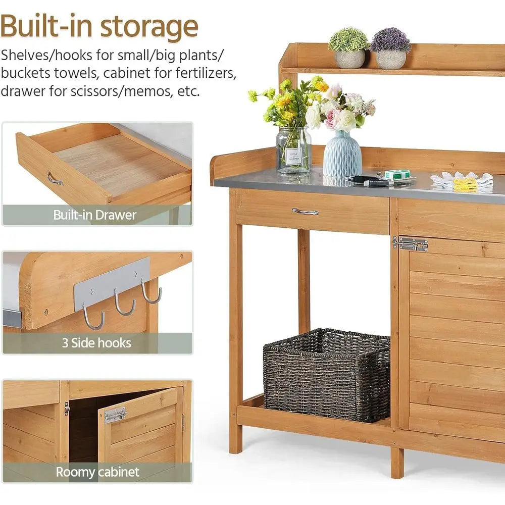Premium Wooden Outdoor Potting Bench With Metal Top And Cabinets