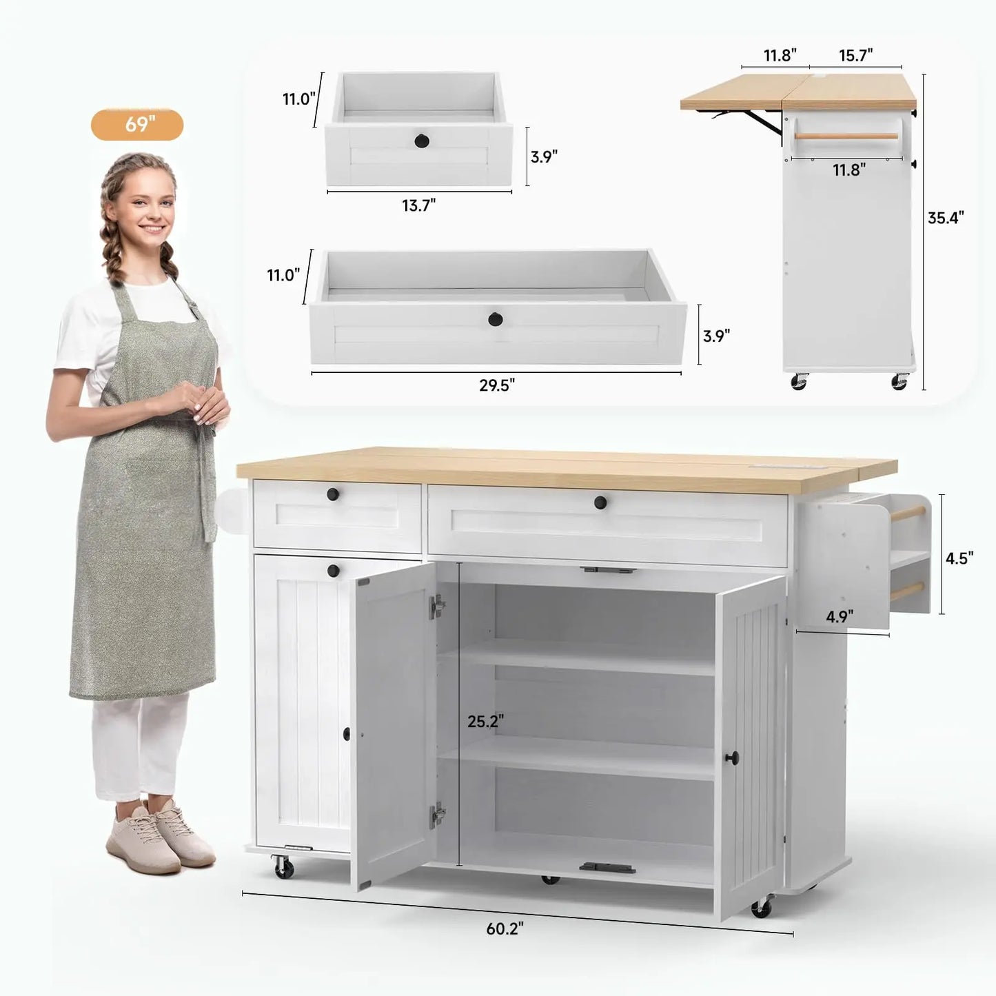 Onbrill Mobile Kitchen Island Cart With Power Outlet And Storage
