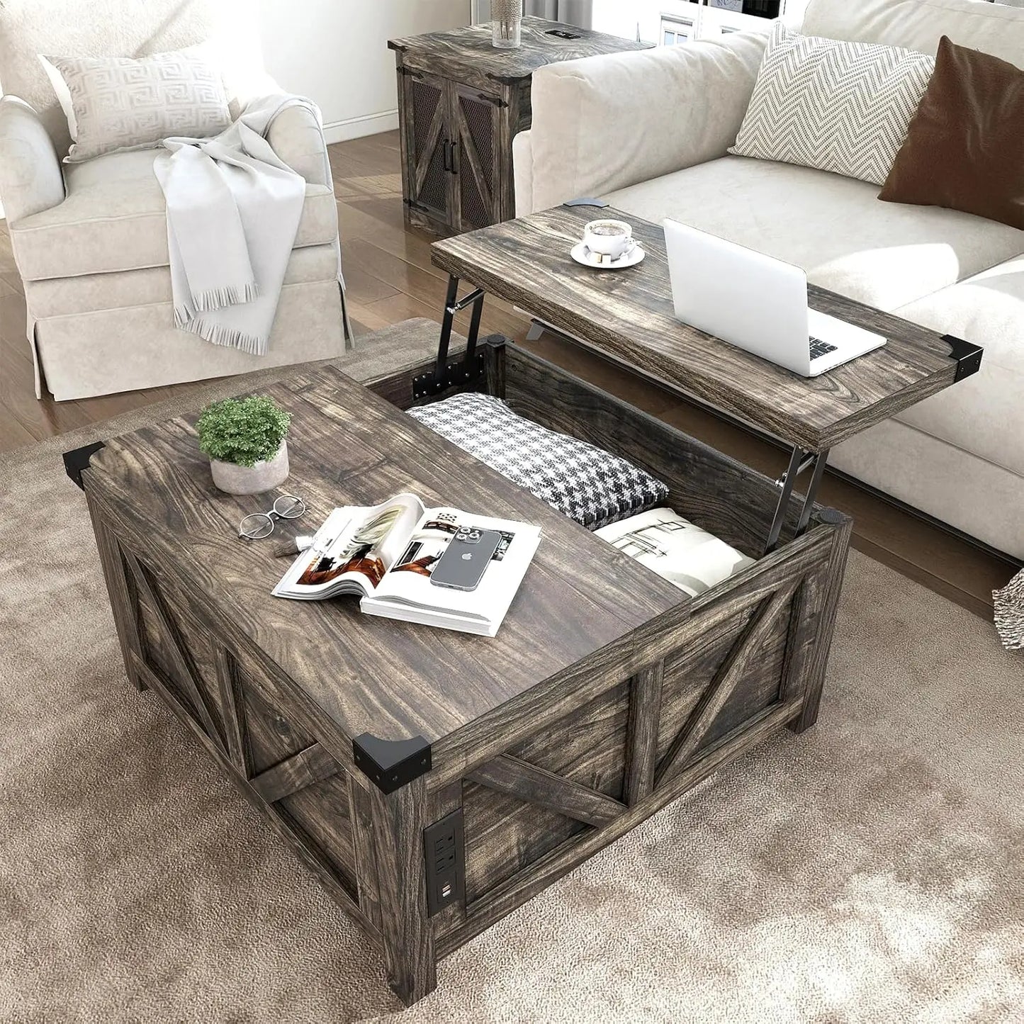 HUANZHUANG Wood Square Coffee Table With Storage And Charging Station