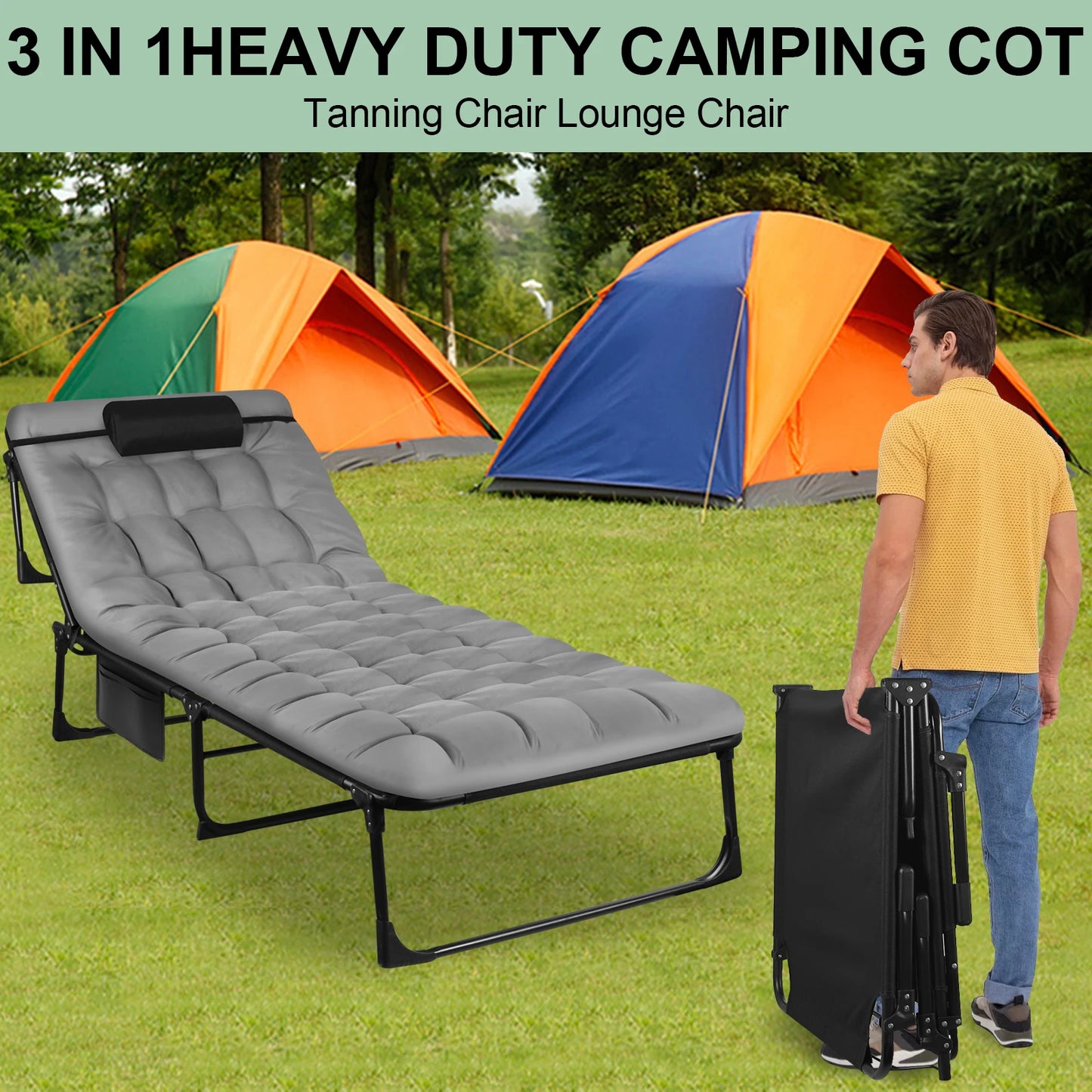 Portable Folding Outdoor Reclining Camping Cot With Pillow