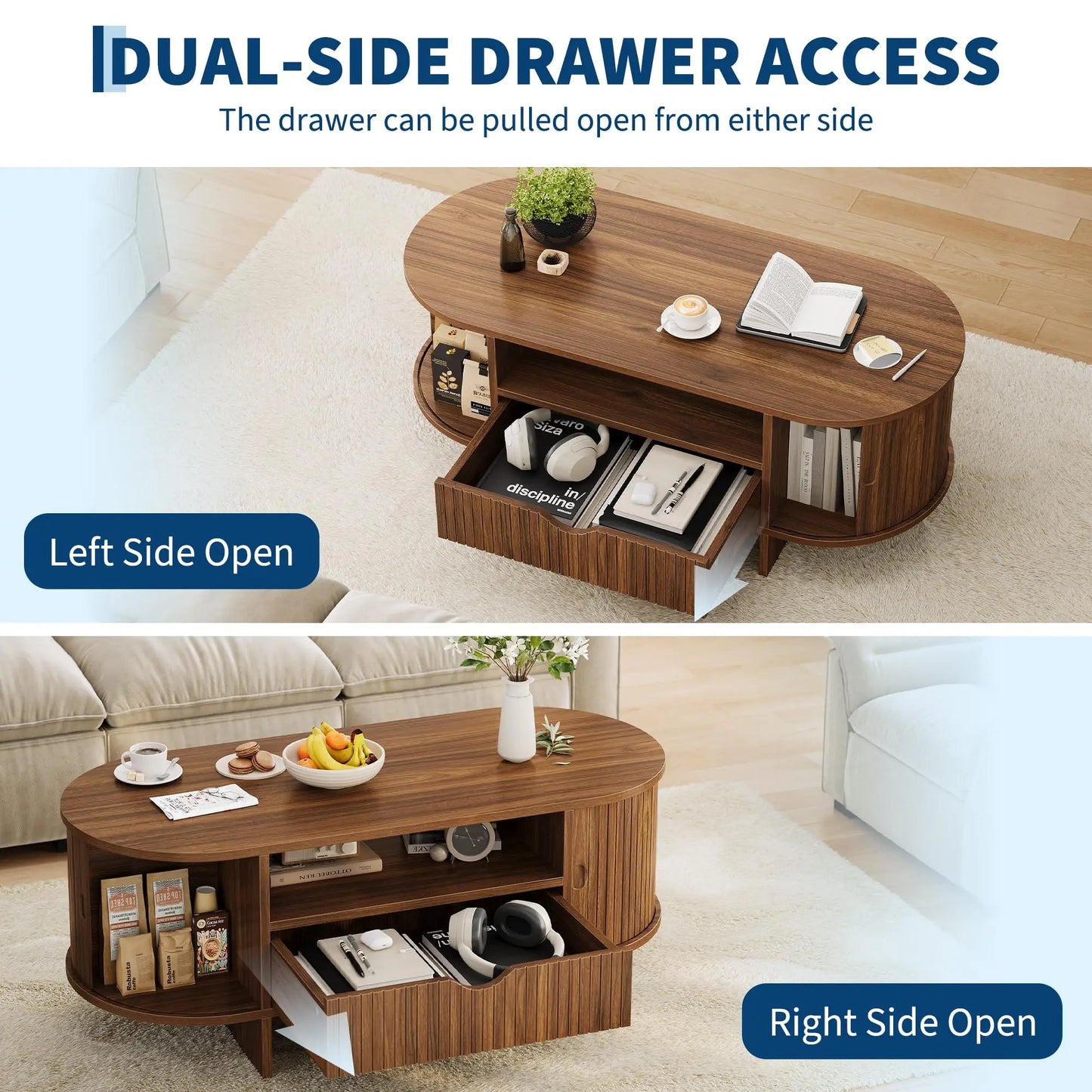 HiMiss Modern Fluted Wood Coffee Table With Storage Cabinet