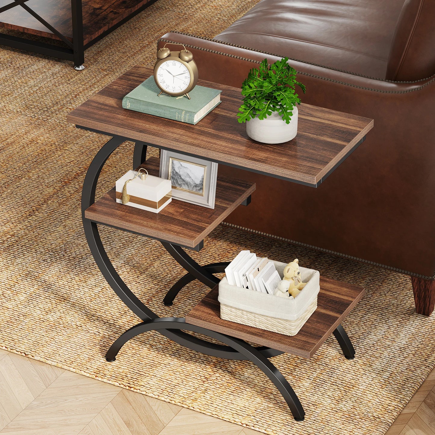 Tribesigns C Shaped End Table Industrial 3 Tier With Storage Shelves