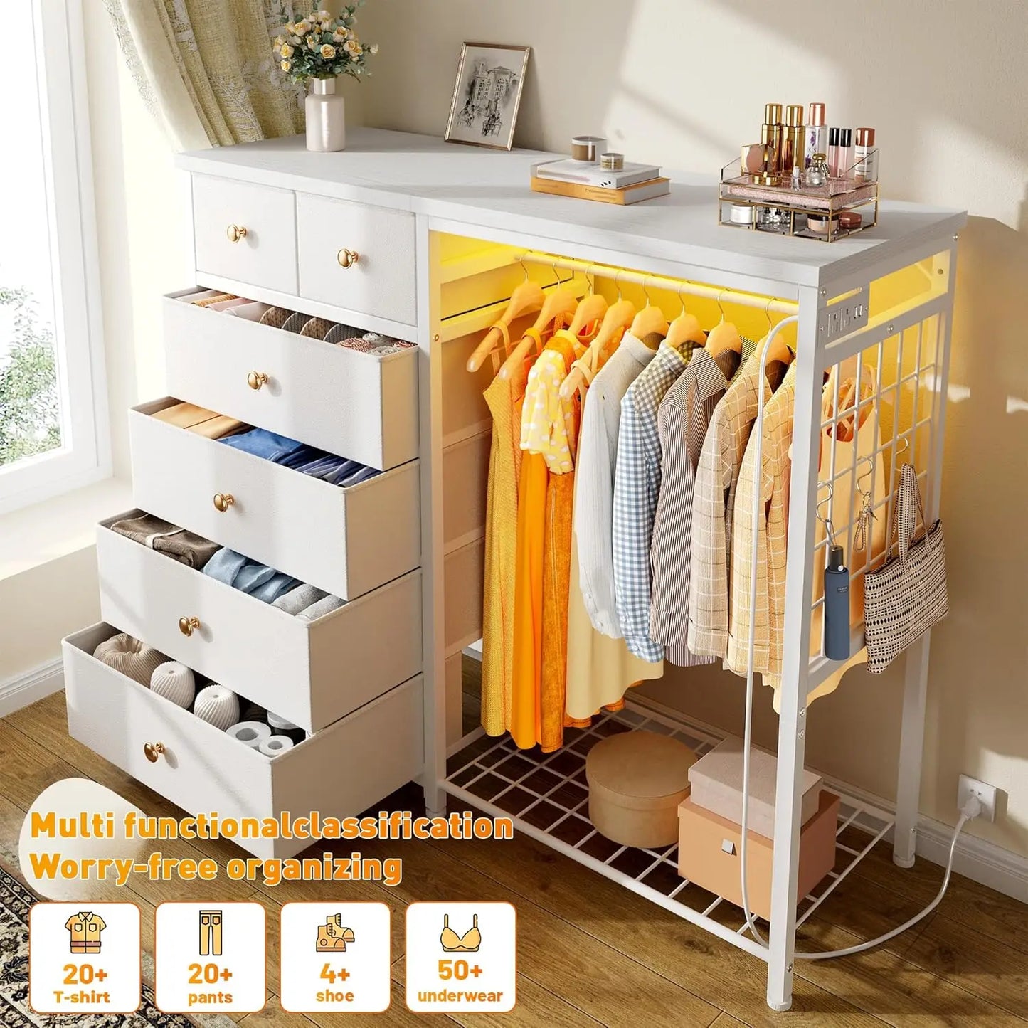 Modern Dresser With Hanging Rack And LED Lights Charging Station
