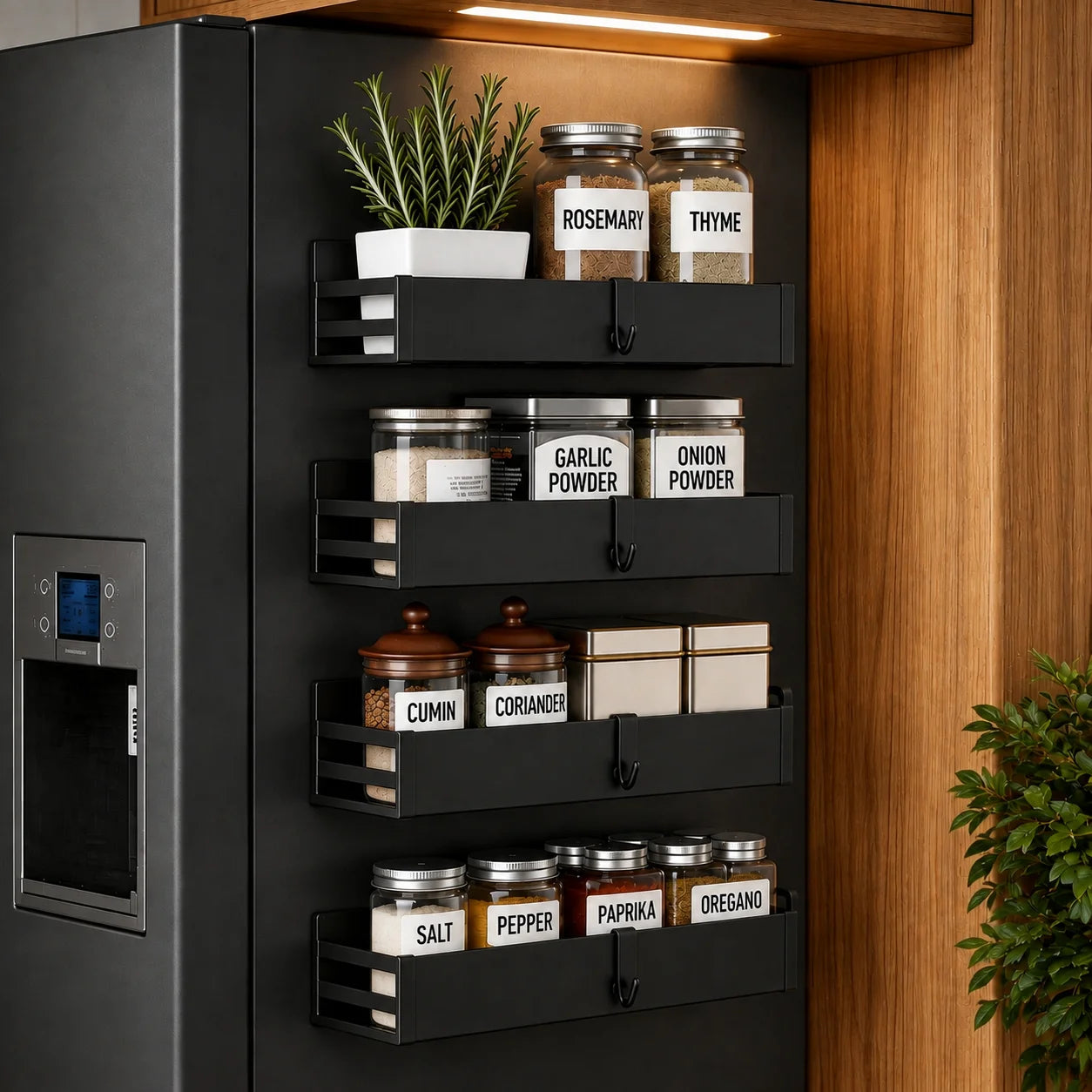 Magnetic Stainless Steel Fridge Spice Rack Organizer Set With Hooks