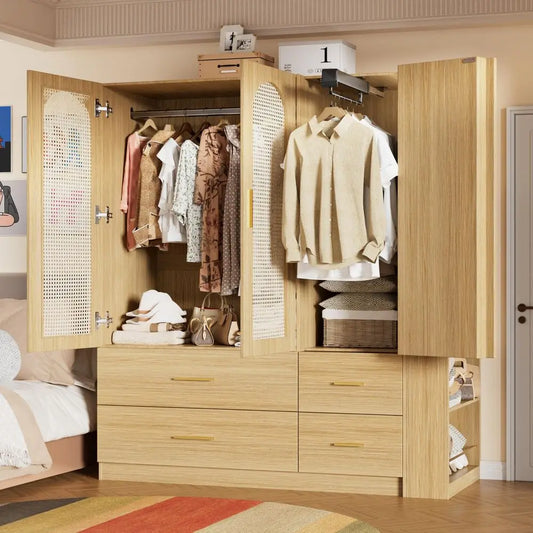 Three Door Armoire Wardrobe Rattan Freestanding Cabinet