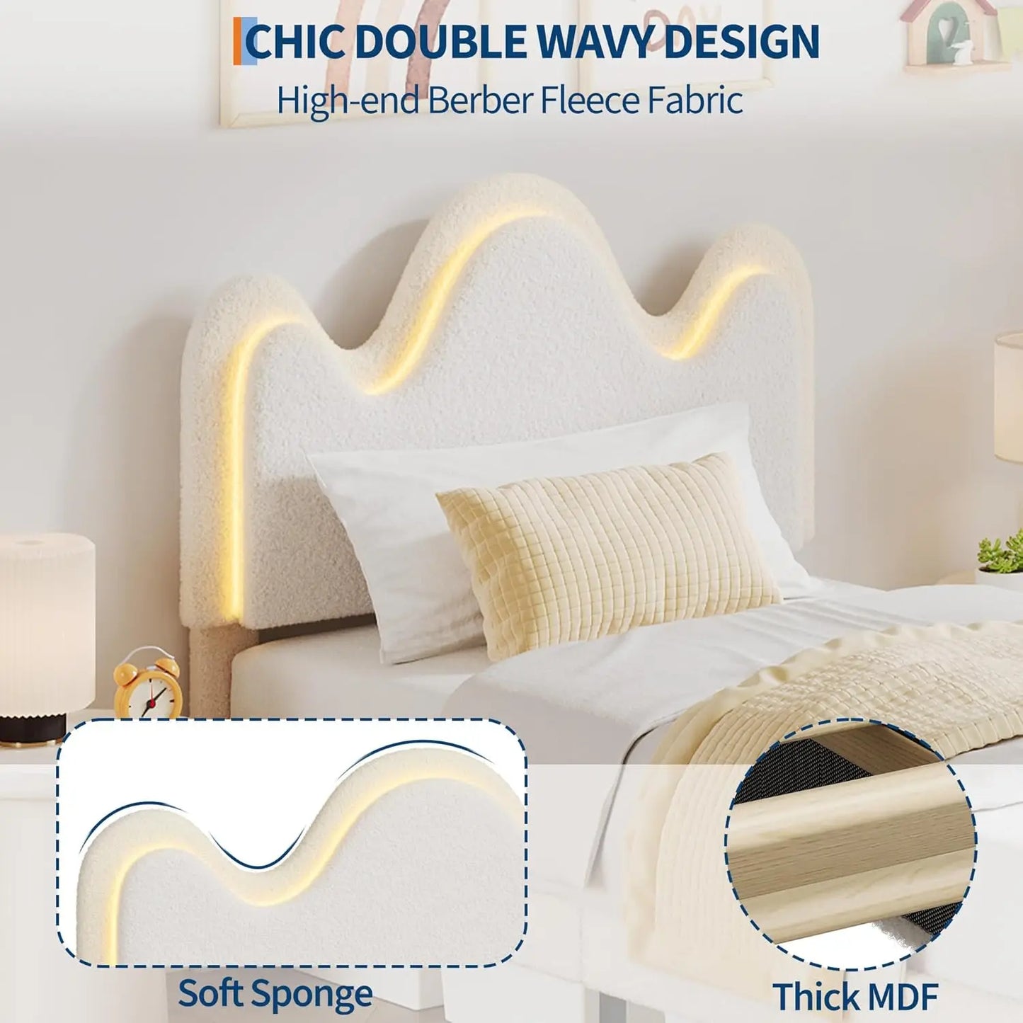 Studyset Boucle Princess Bed Frame With LED Headboard And Storage
