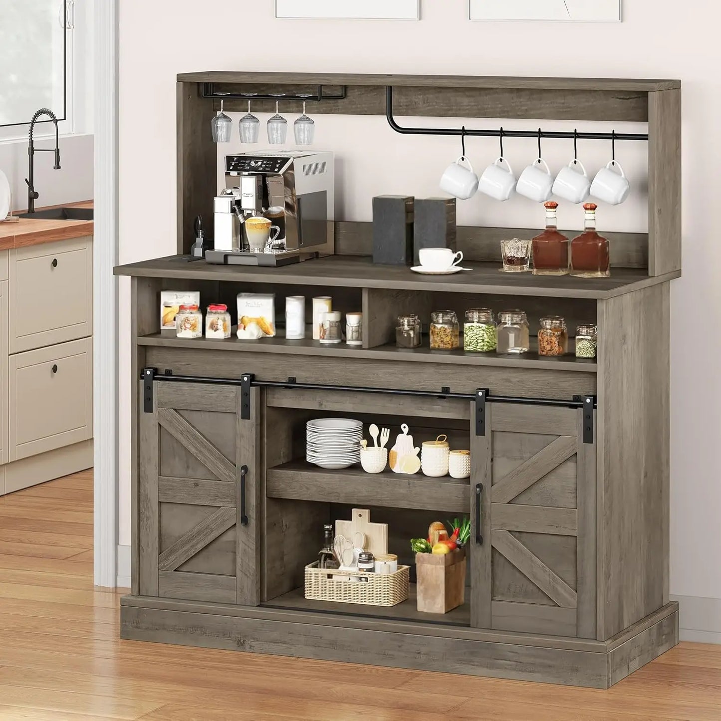 Buffet Cabinets Storage Farmhouse Coffee Bar Goblet Holder Power Outlet