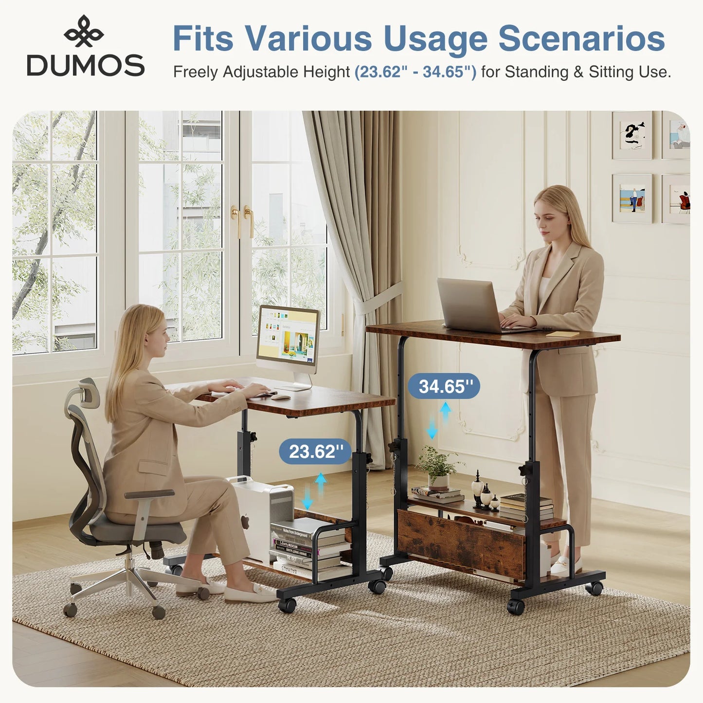 JHK Adjustable Height Mobile Standing Desk With Locking Wheels
