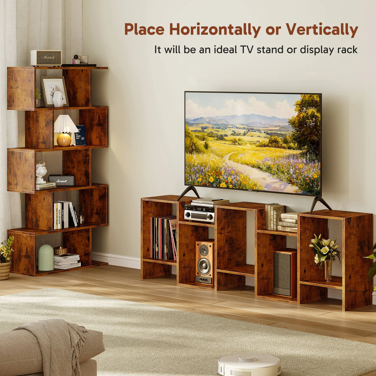 JHK Geometric S Shaped Five Tier Wooden Display Bookshelf