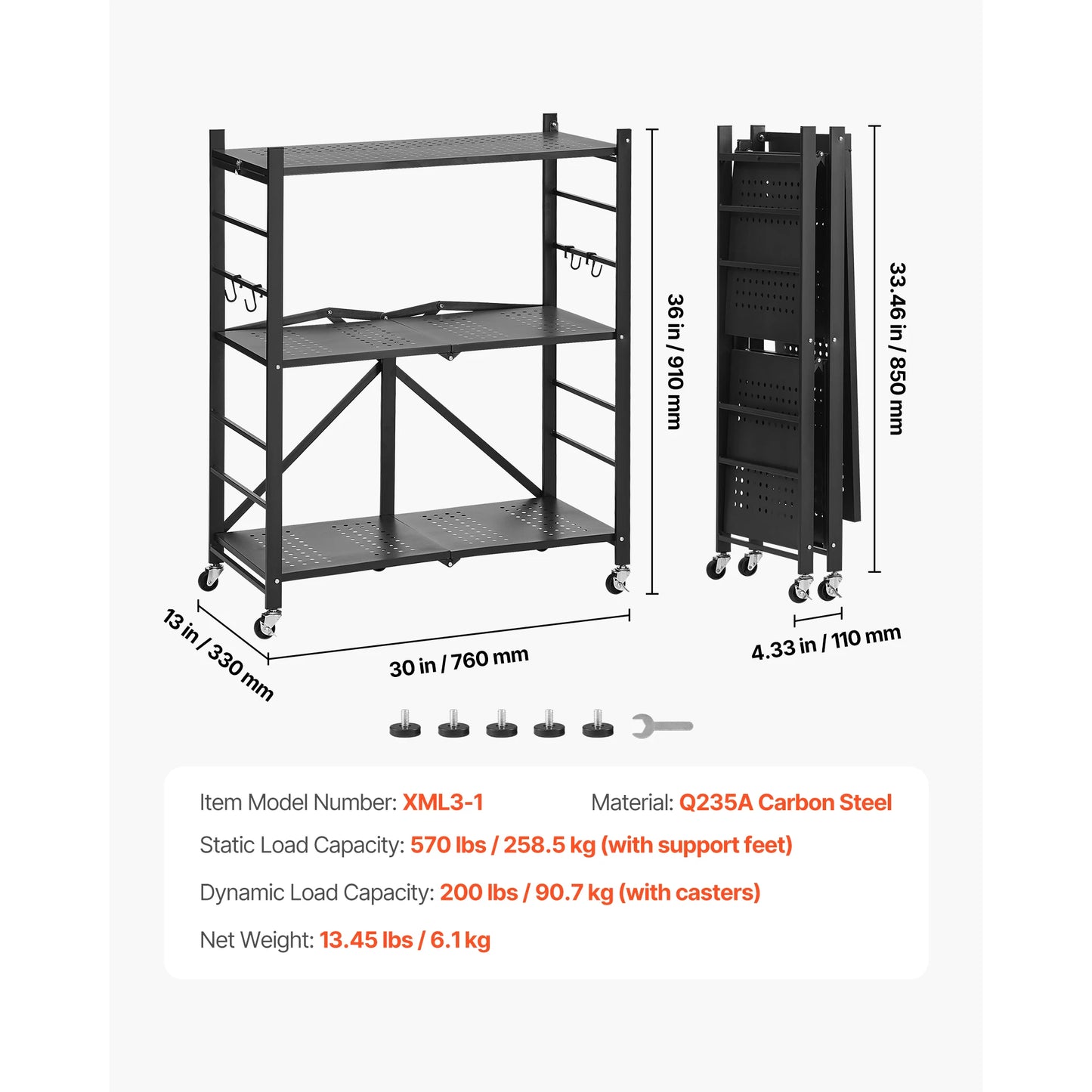 SucceBuy Foldable Rolling Storage Shelf With Metal Rack Organizer