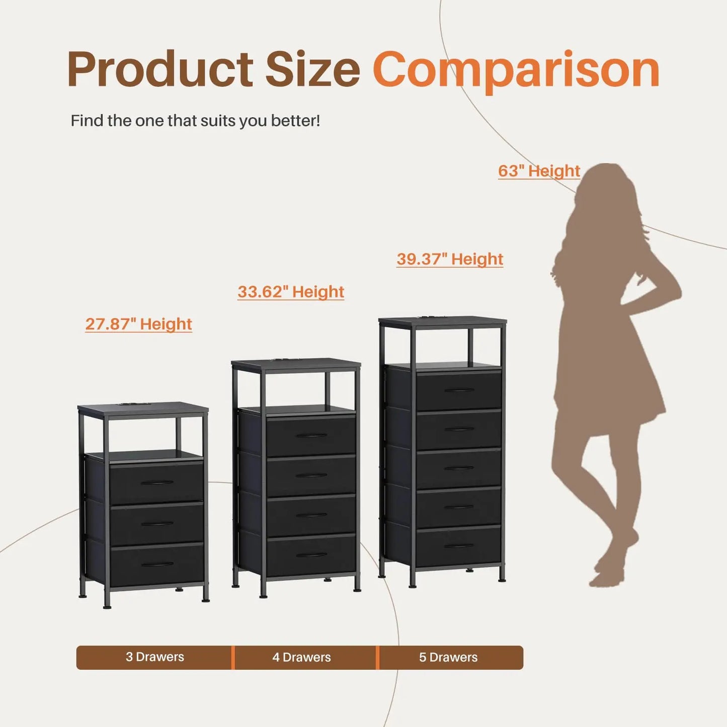 JHK Modern 5 Fabric Drawer Dresser With Charging Station
