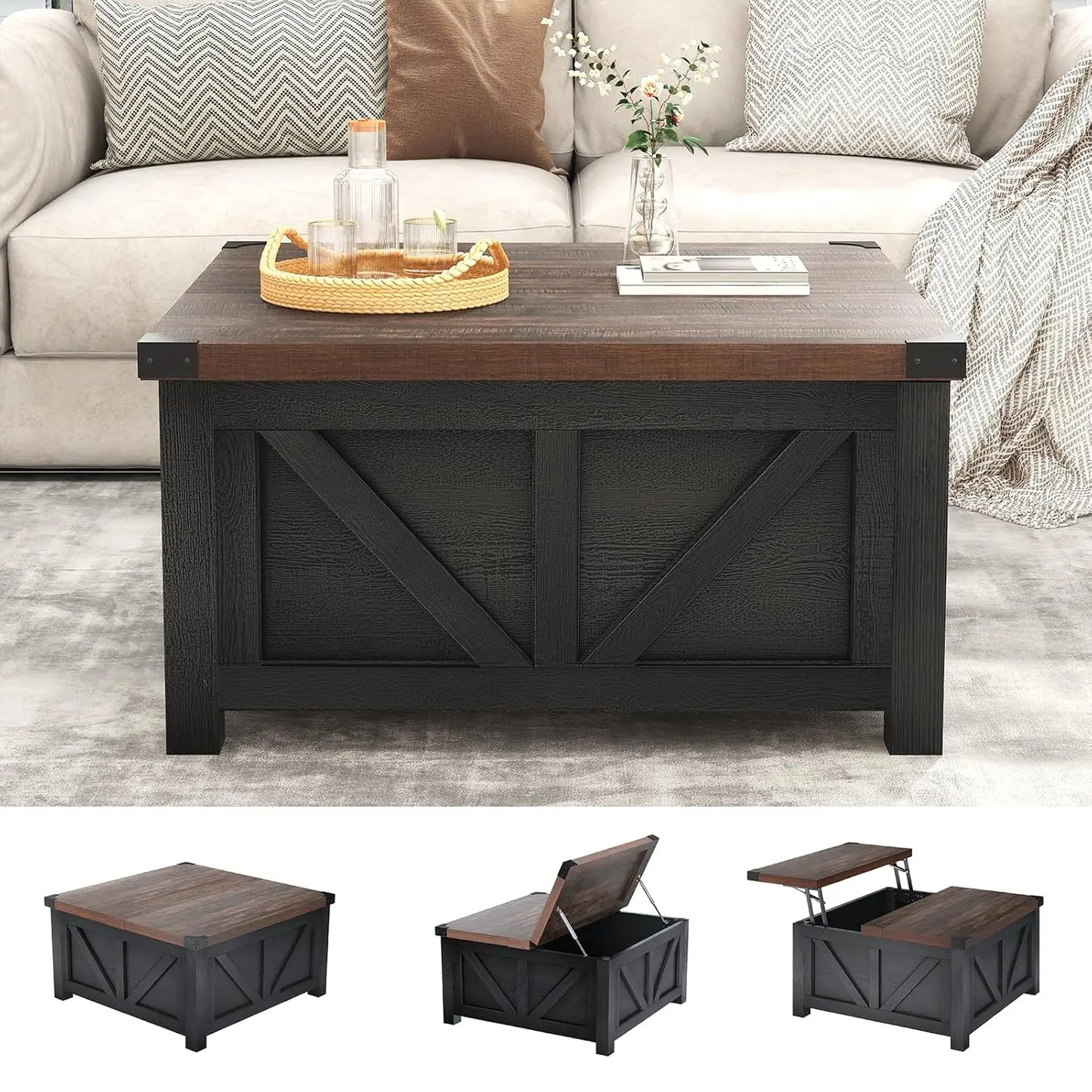 HUANZHUANG Wood Square Coffee Table With Storage And Charging Station