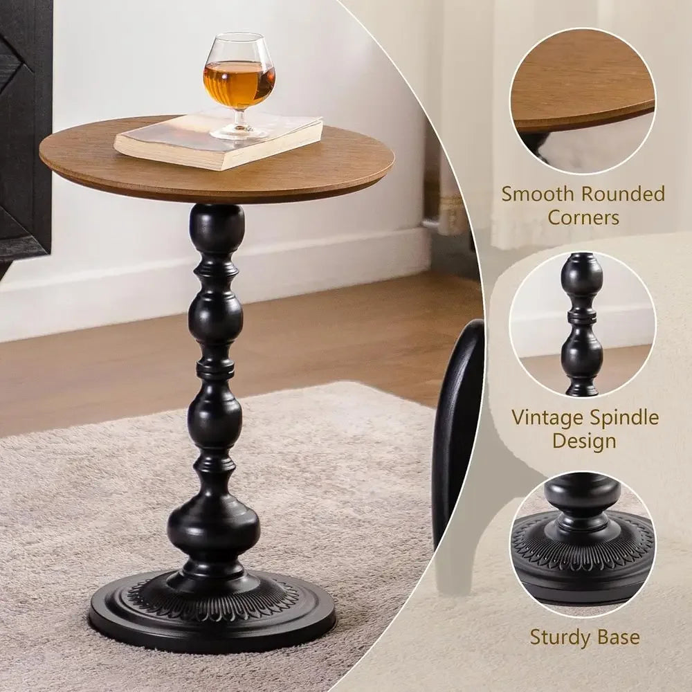 Round End Table With Wood Top And Black Pedestal Base