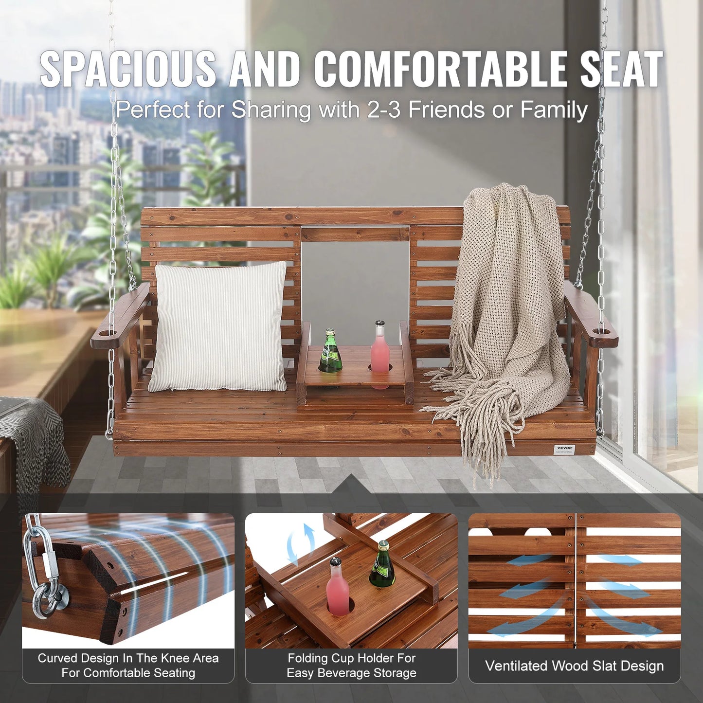 SucceBuy Cedar Wood Outdoor Porch Swing Bench For Garden