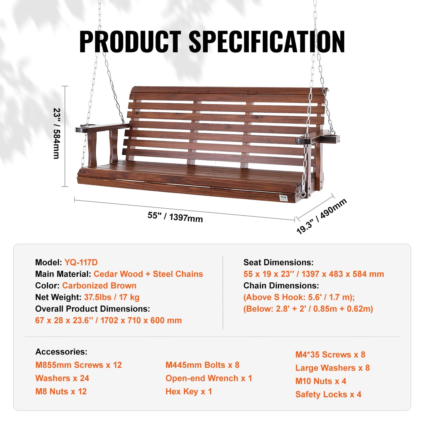 SucceBuy Cedar Wood Outdoor Porch Swing Bench For Garden