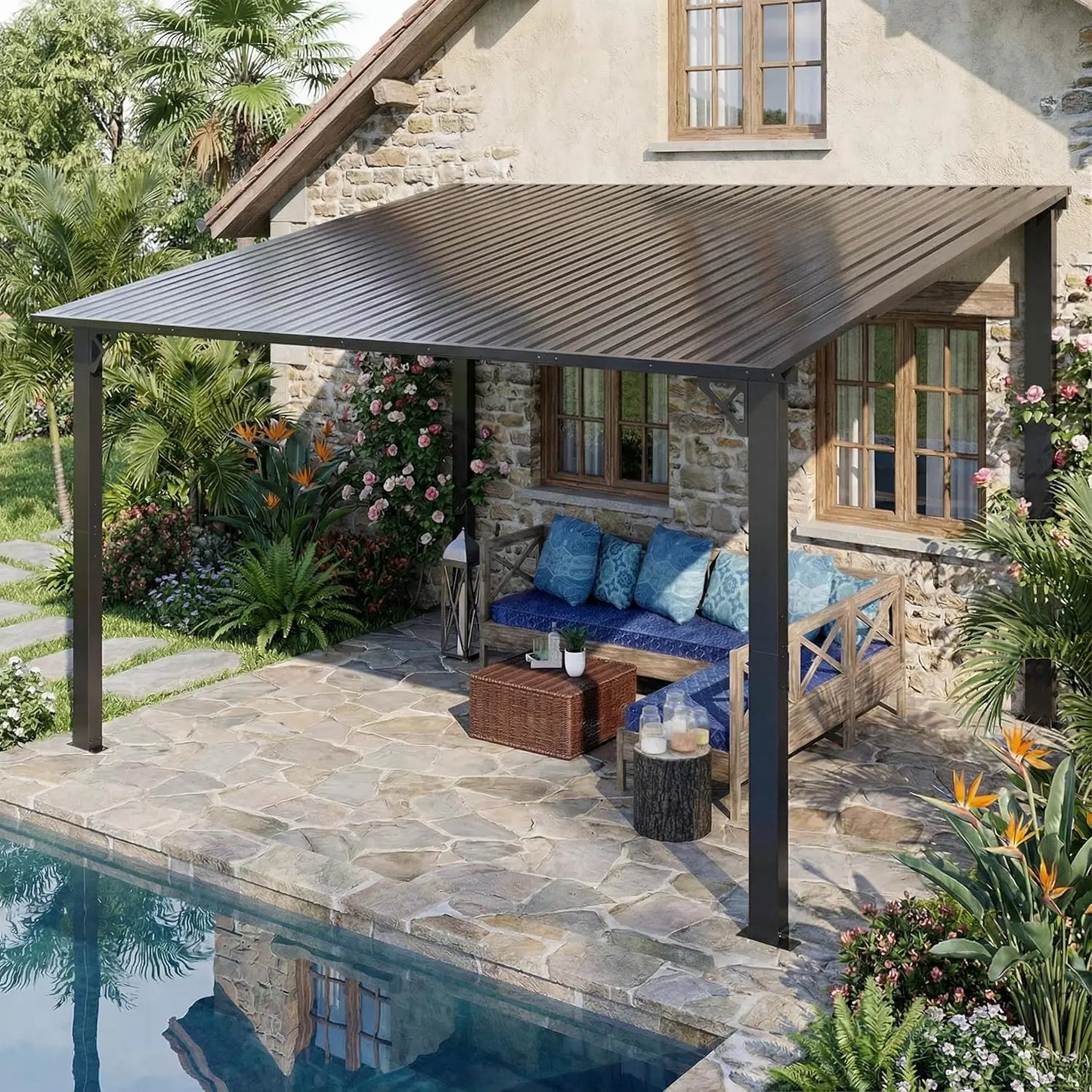 Lean To Gazebo With Hardtop Metal Roof For Backyard Deck