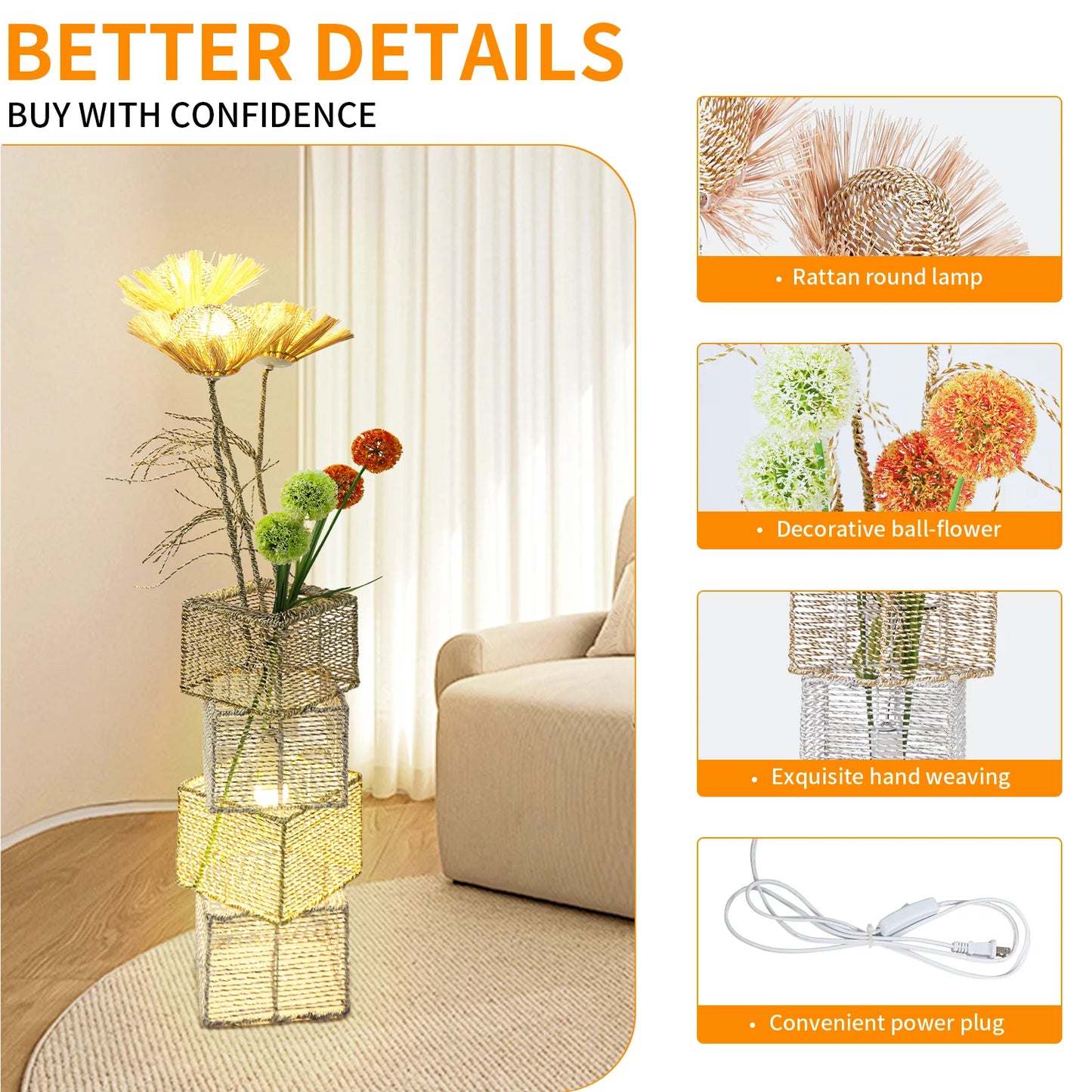 Modern Rattan Floor Lamp Dimmable with LED Bulbs Living Room
