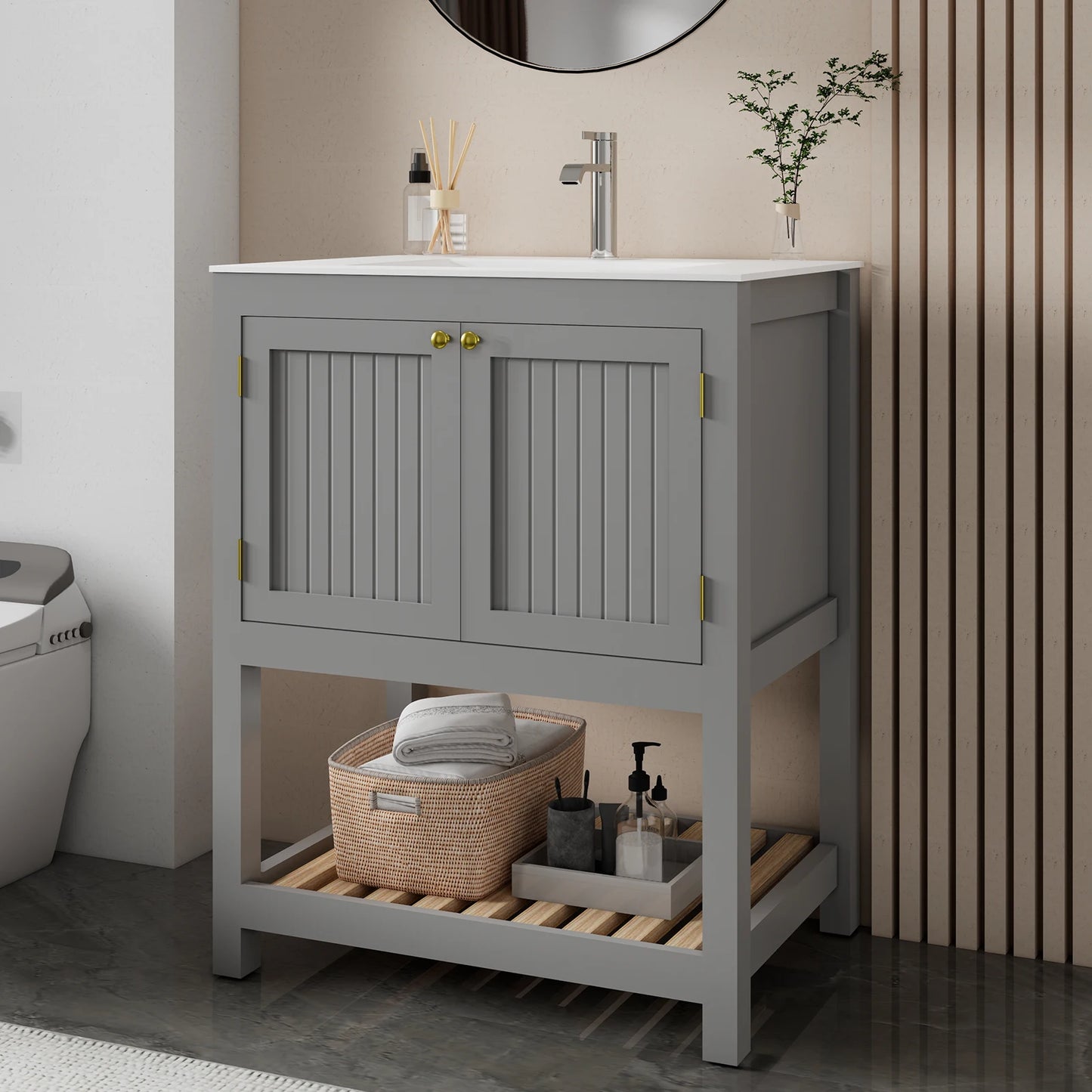 White Farmhouse Bathroom Vanity With Sink And Storage