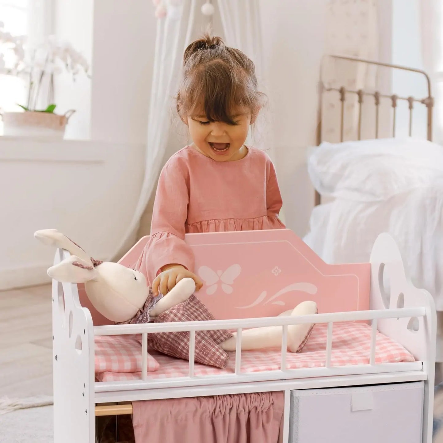 Robotime Wooden Baby Doll Crib Set With Storage Bedding Hooks