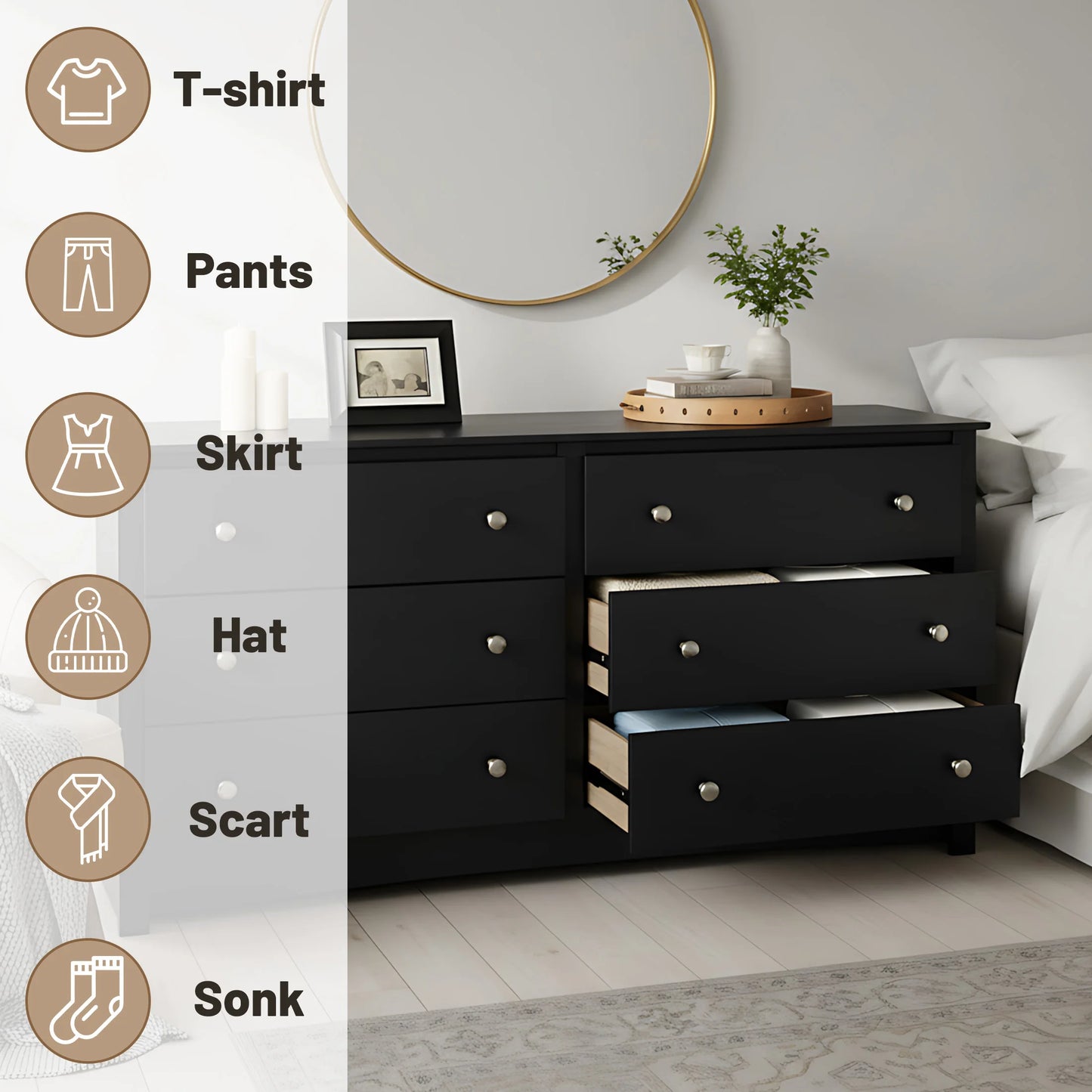 JHK Wood Dresser Cabinet Six Drawers Living Room Storage