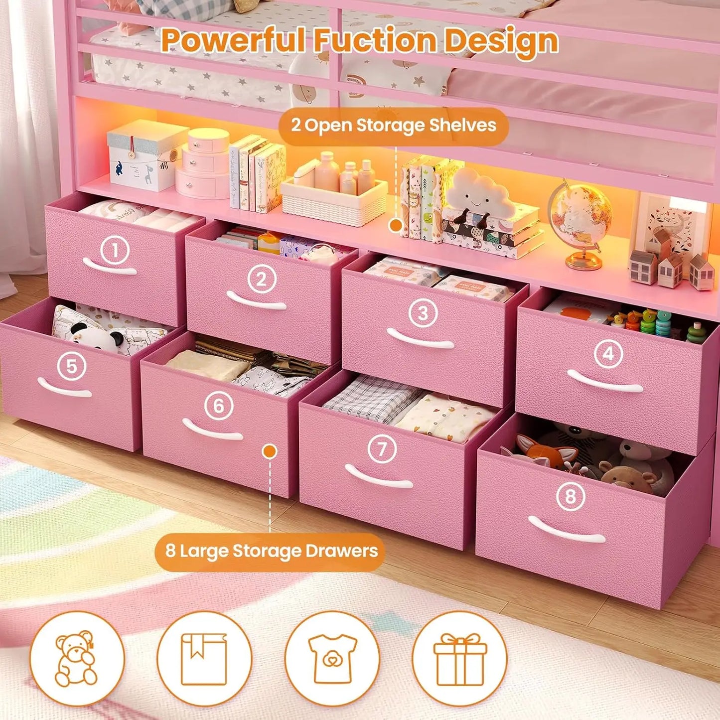 Loft Bed For Kids With Storage Drawers And LED Lights