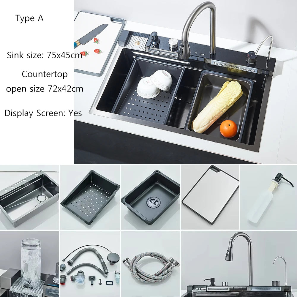 Brushed Golden Smart Digital Display Kitchen Sink Set With Waterfall Faucet