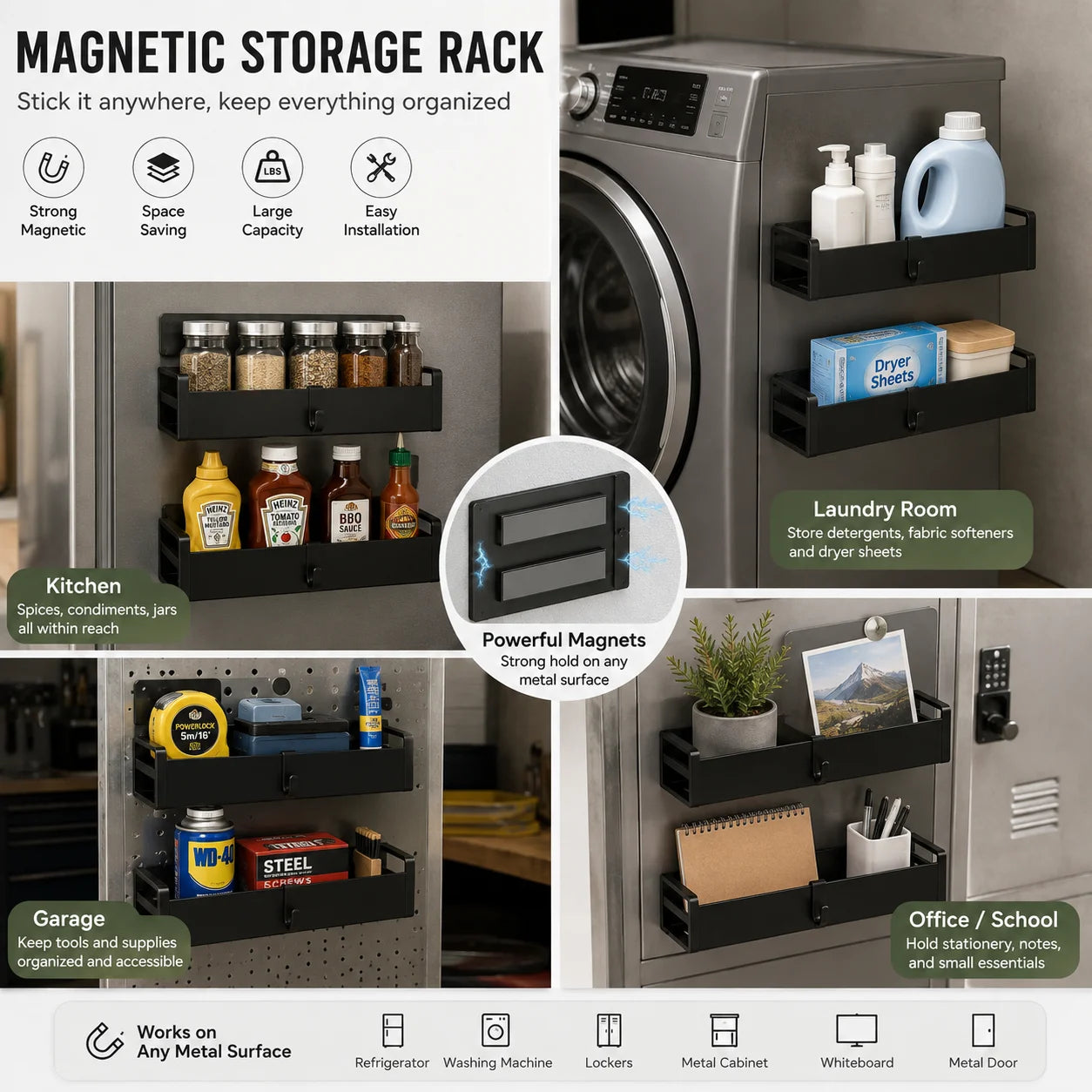 Magnetic Stainless Steel Fridge Spice Rack Organizer Set With Hooks