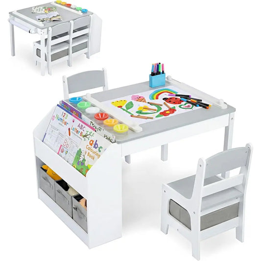 Kids Art Activity Table Set With Two Chairs Bookshelves Storage