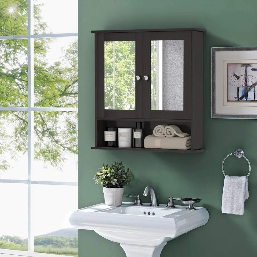 XIUWO Bathroom Medicine Cabinet With Mirrored Doors And Adjustable Shelf